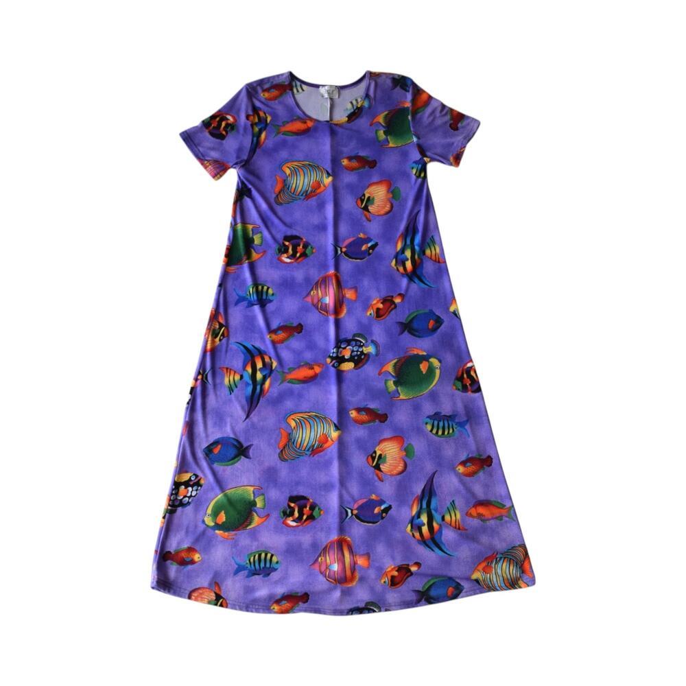 Vintage Tropical Fish Print Maxi Dress Colorful Beachcore - Medium